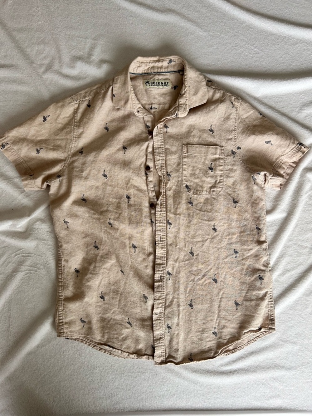 Beige Short-Sleeve Linen Button-Up Shirt with Flamingo Print